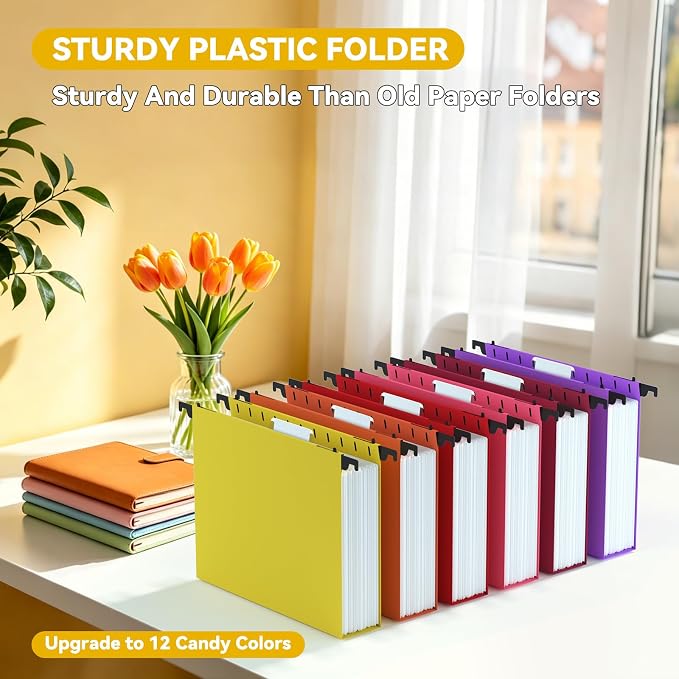 Plastic Heavy Duty Hanging File Folders,12 Pack Reinforced Letter Size Hanging Folders for Filing Cabinet,Candy Color Home Office Hang Foldr for File Box Frame Drawer,Filing System with Tabs