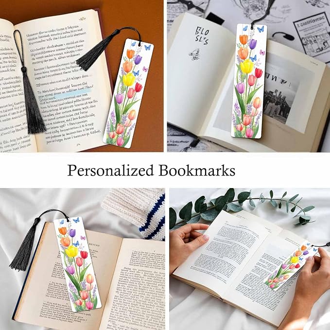Tulips Flower 5 Pcs Bookmarks Bouquet Art Watercolor Butterflies Wooden Bookmarks with Tassel for Students Reader Teachers Book Lovers
