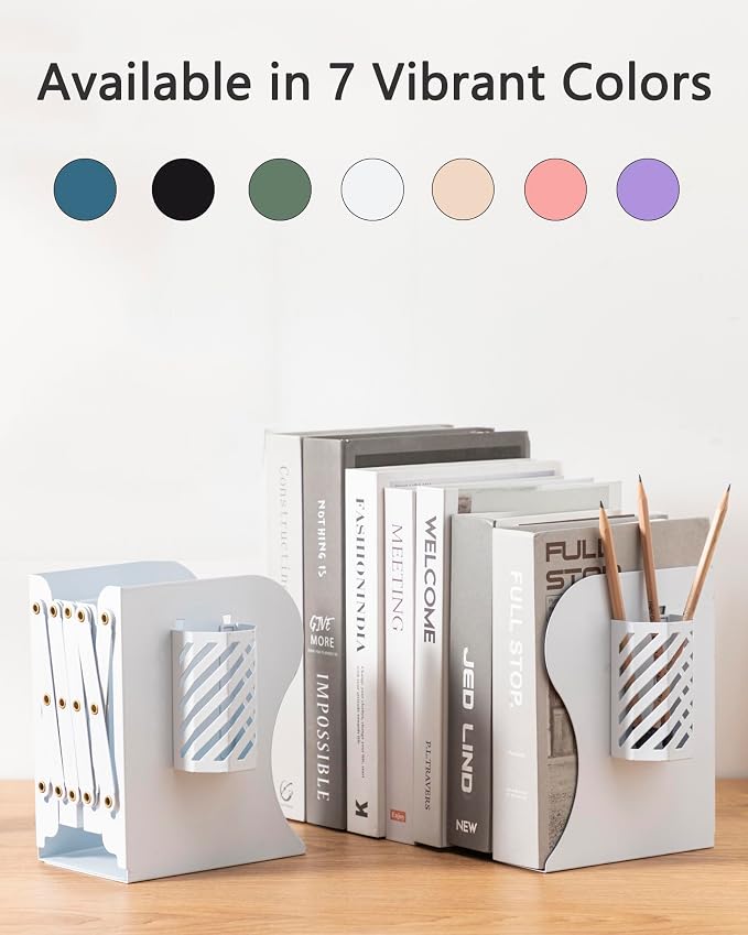 Kingsmile Book Ends, Adjustable Bookends for Shelves, Metal Bookends for Heavy Books, Book Stopper Organzier with Pen Holder for Desk, Kids Room, Office, Classroom, Library, Study Room.(White)