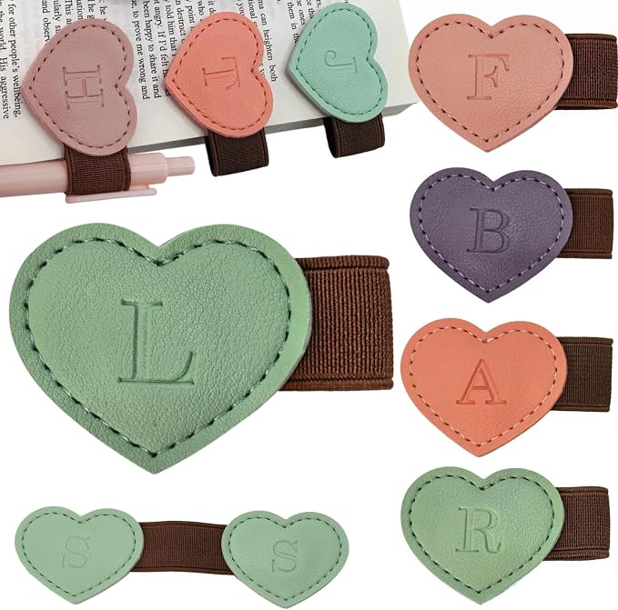 Personalized Magnetic Leather Heart Bookmark with Pen Holder - 26 Letters Custom Book Mark Notebook Pencil Loop with Initial Book Marker for Readers, Book Lovers- Gifts for Women Men(Green,L)