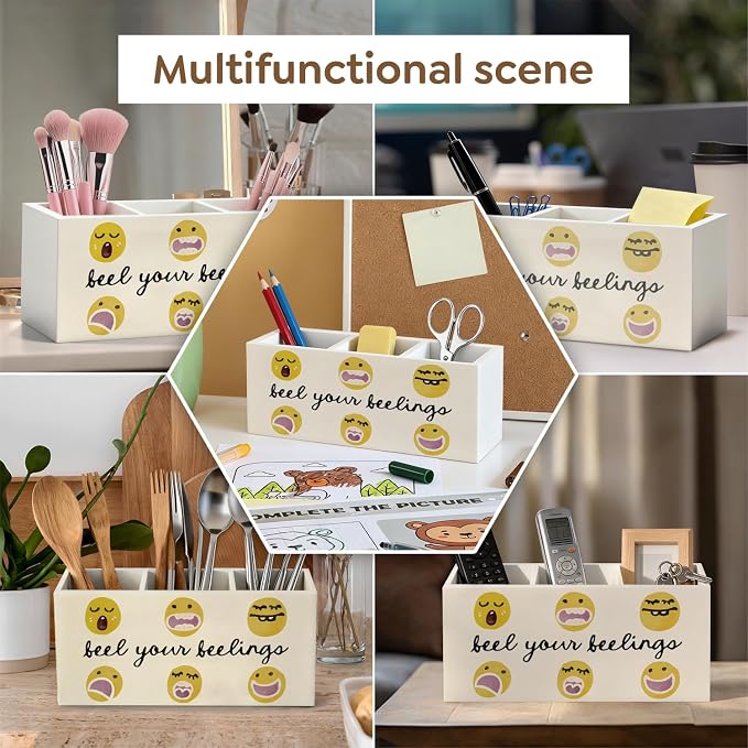 Mental Health Pen Pencil Holder, Emotions Feelings Classroom Wood Desk Organizer and Accessories, Keep You Feelings Pen Holder Desk Organizer for Therapy Counselor Office Classroom Tabletop