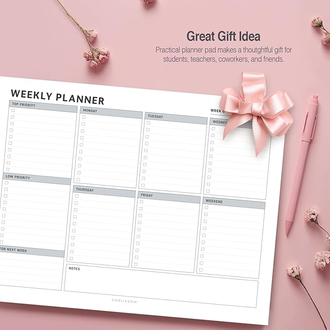 Weekly Planner Notepad, 8.5 x 11" Tear-Off Pad – 70 Undated Sheets, Daily Schedule Deck Organizer with Priorities, To Do List & Checklist for School, Work, Home (White, Checkbox, 1 Pack)