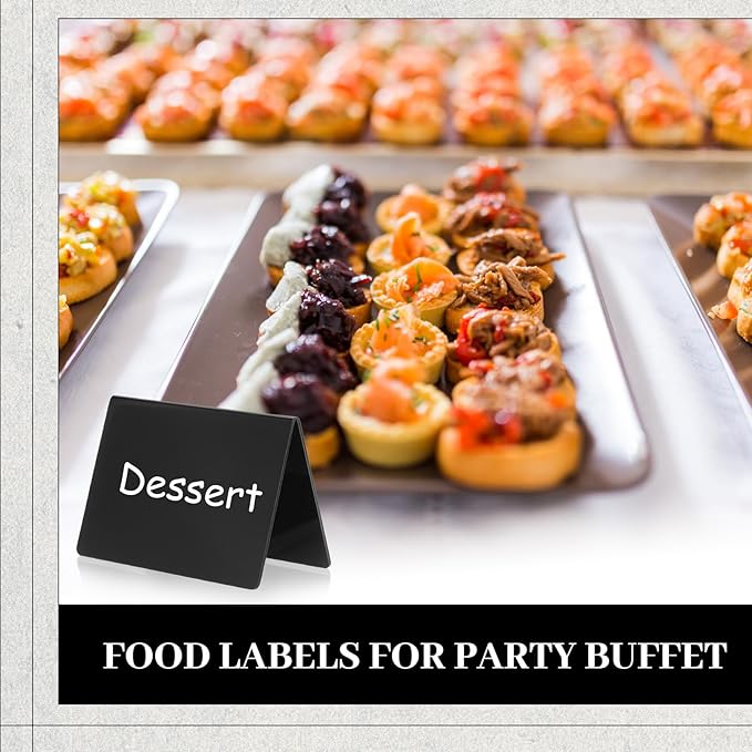 Outus 12 Pcs 4 x 3 Inches Buffet Food Labels Mini Small Chalkboard Signs Black Acrylic Food Markers Little Price Signs with 2 Pcs Erasable Marker for Wedding Birthday Bakery Table Display