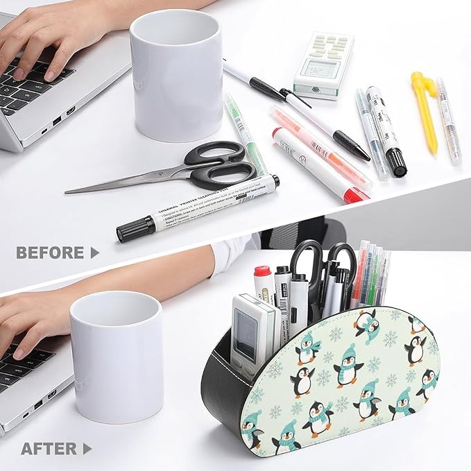 TV Remote Holder with 5 Compartments, PU Leather Desktop Organizer for Bedside Table, Office, and Living Room, Animal Penguin Cute Penguins
