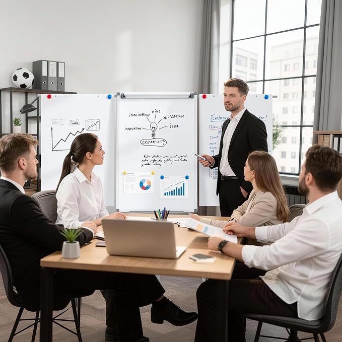 MAKELLO Flip Chart Easel, Magnetic Dry Erase Board with Stand for Office Classroom Home School, Extended Display Arms and Adjustable Height, 36x24 in