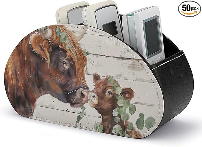 Highland Cow Farmhouse Remote Control Holder Remote Organizer Storage Box for Multi-Media Controllers with 5 Compartments for Cosmetics Office Supplies