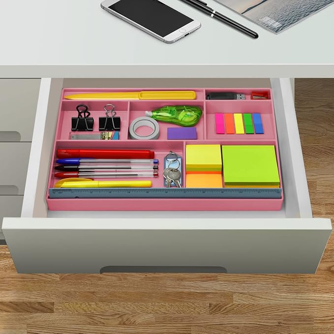 Acrimet Desk Drawer Organizer Tray with 8 Compartments – Multi-Purpose Bin for Office Supplies, Makeup, and Accessories – Fits inside Drawers or Desktops, 12.75" x 8" x 1.06" (Plastic) (Pink Color)
