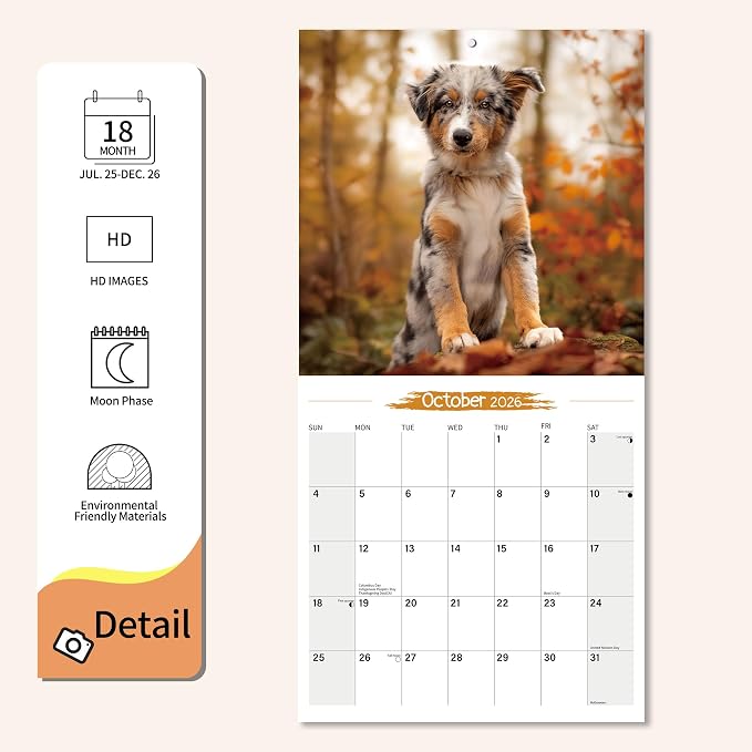 2025-2026 Wall Calendar Australian Shepherd Planner Calendar, Hangable Monthly Wall Calendar with Large Blocks for Organizing & Planning, Academic Schedule, Home, Office & family, Thick & Sturdy Paper (12"x24" Open)