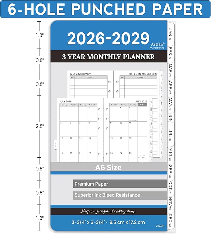 2026-2029 Planner Refills - A6 Planner Inserts with 6-Hole Punched, July 2026 - June 2029, 3 Year Monthly Planner Refills, 3-3/4" x 6-3/4", A6 Binder Inserts, 2026-2029 Monthly Planner with Tabs
