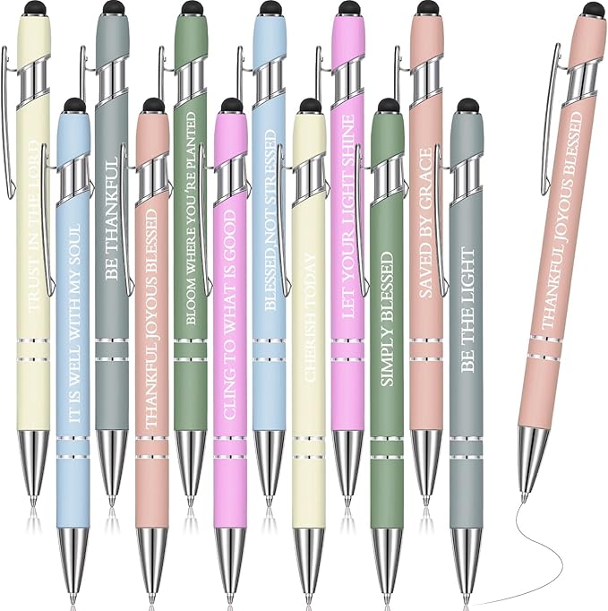 Zonon 12 Pcs Inspirational Pens Gift Set Funny Ballpoint Pen with Stylus Tip Motivational Graduation Gifts Bulk for Teacher Coworkers Nurse School Office Supplies(Morandi,Bible Style)