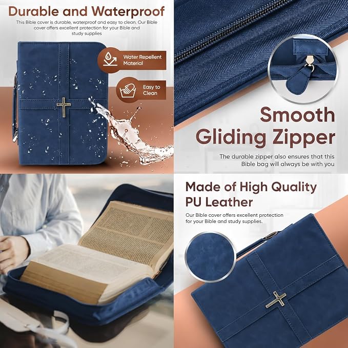 Bible Case (U.S. Patent Pending), Vibrant & Inspiring Bible Cover, with Romans 8:31 Bookmark, Blue Bible Cover Case for Women or Men, Elegant Bible Bag, Durable PU Leather Book Cover