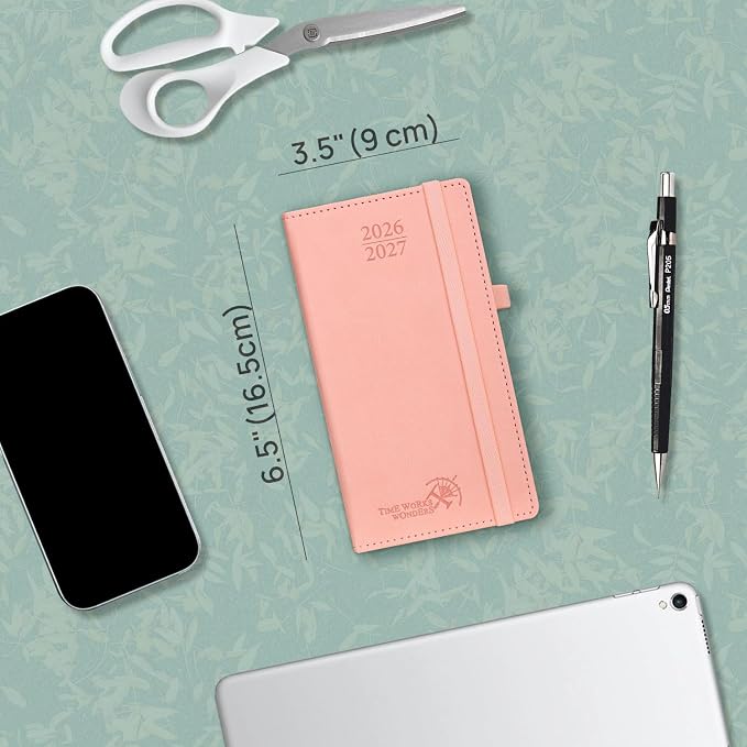 POPRUN Pocket Planner 2026-2027, Slim Size-3.5" x 6.5", 17 Month (Aug 2026 - Dec 2027) Academic Pocket Calendar for Purse, Small Weekly Appointment Book with Vegan Leather Hardcover - Pink