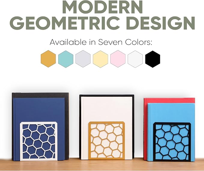 Sage Geometric Honeycomb Metal Bookends - Book Ends for Shelves - Decorative Modern Heavy Duty Bookend Stopper - Book Ends for Heavy Books - Home Office Book Holder - 2 Pair, 6x3.25x6.25 in