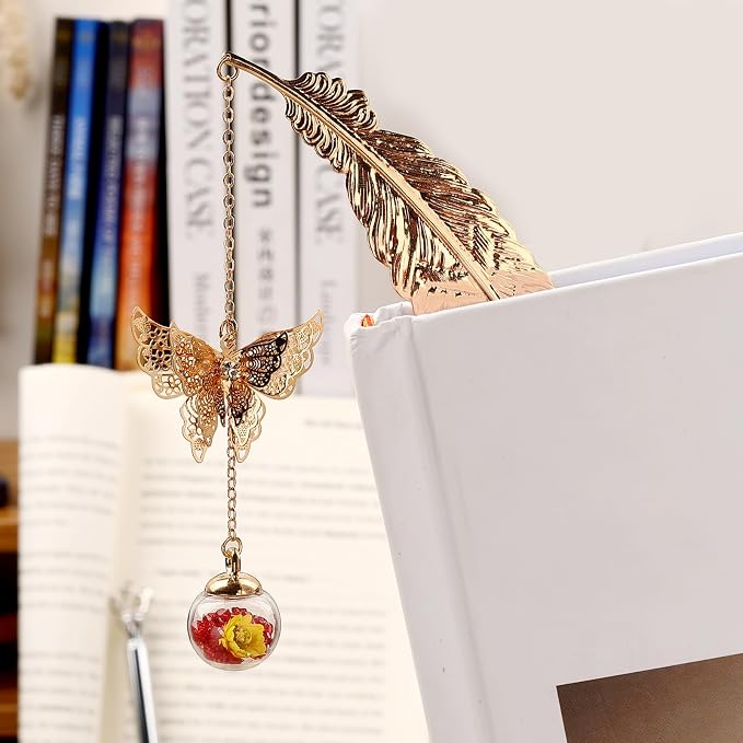 Teacher Retirement Gifts - Metal Feather Bookmark with 3D Butterfly & Real Dried Flower Pendant - Bookmark for Women & Book Lovers Under 10 Dollars - Gift Box Included