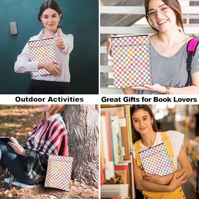 Retro Plaid Book Lovers Gifts Book Sleeve Vintage Checkered Waterproof Book Cover Book Pouch Book Protector with Front Pocket Book Club Christmas Birthday Gifts for Women Girl Bestie Book Accessories