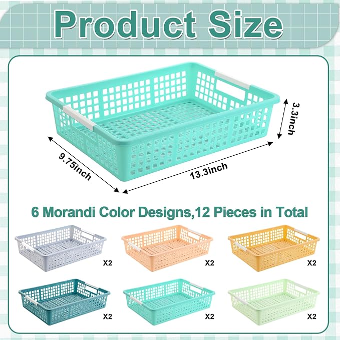 12 PCS Plastic Classroom Turn in Paper Trays Storage Bin Basket Organizers Holds 4A Paper File for School Teacher Supplies Classroom Office Home Organization and Storage Tray (Morandi)