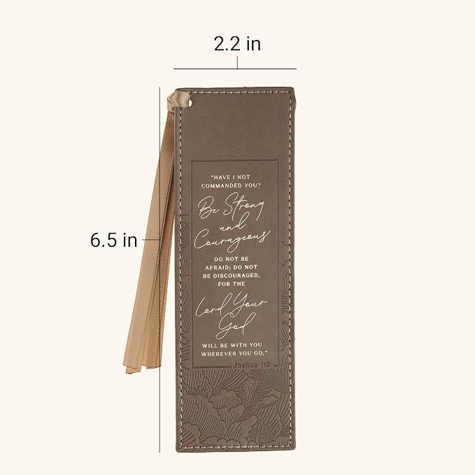 Christian Art Gifts Premium Vegan Leather Inspirational Scripture Bookmark for Women: Strong & Courageous Encouraging Bible Verse, Satin Ribbon, Sturdy Debossed Reading Accessory, Brown Floral & Gold