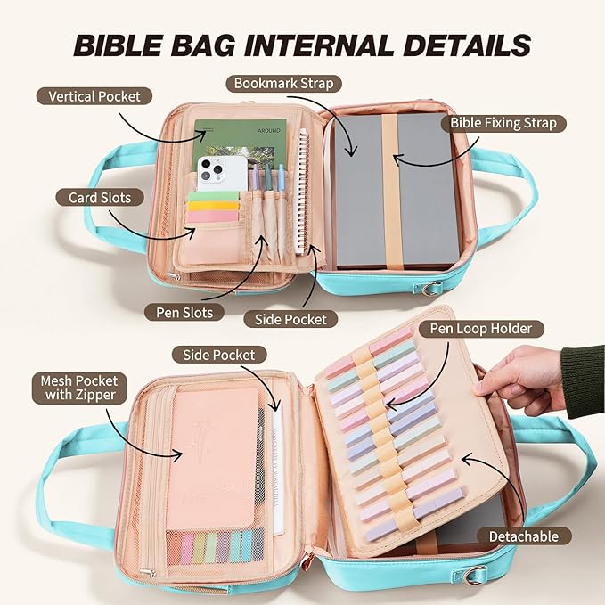 KOPKOFT Bible Cover Case for Women, All-in-One Bible Study Supplies Journaling Kit with Highlighters Tabs, Quilted Book Carrying Cases, Christmas Christian Gifts for Women(Blue Green)