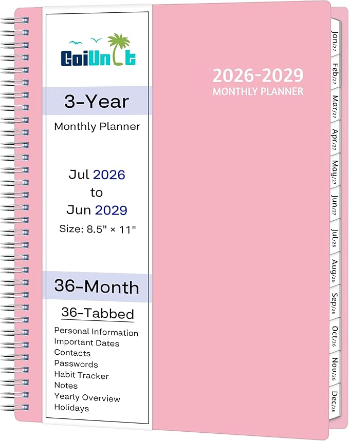 Monthly Planner 2026-2029, 36 Months Calendar Planner 2026-2029 from Jul 2026 – Jun 2029, 8.5'' x 11'' with Ruled Spread, Flexible Cover, Spiral Wirebound, Pocket, Coated Tabs, Notes ＆ Habit Tracker