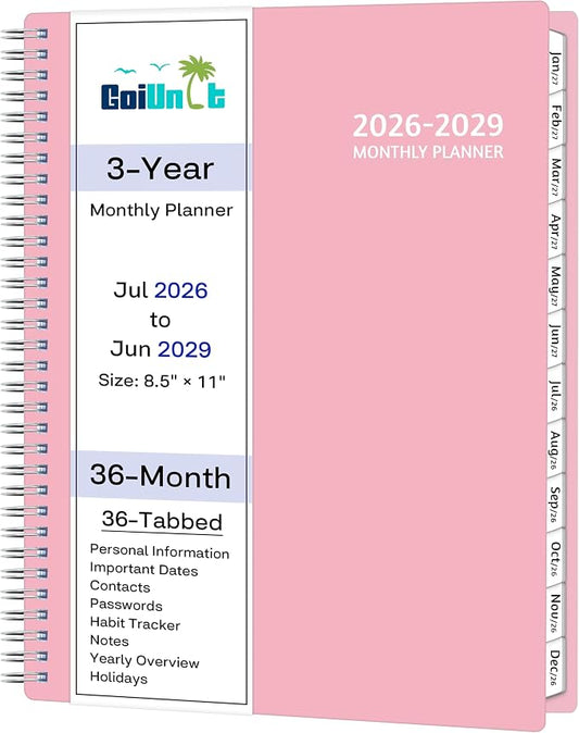 Monthly Planner 2026-2029, 36 Months Calendar Planner 2026-2029 from Jul 2026 – Jun 2029, 8.5'' x 11'' with Ruled Spread, Flexible Cover, Spiral Wirebound, Pocket, Coated Tabs, Notes ＆ Habit Tracker
