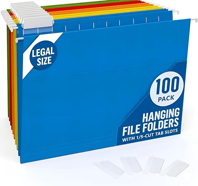 100 Pack Hanging File Folders Legal Size 8.5x14 - Colored Hanging Folders for Filing Cabinet with 1/5-Cut Adjustable Tabs Files for Filing Cabinet Organizer File Hangers for File Cabinets with Hooks