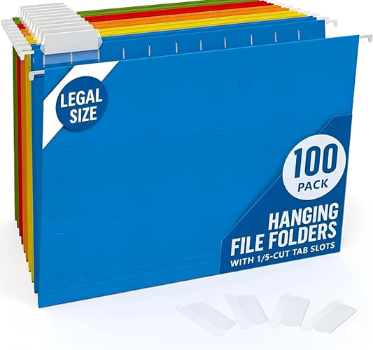 100 Pack Hanging File Folders Legal Size 8.5x14 - Colored Hanging Folders for Filing Cabinet with 1/5-Cut Adjustable Tabs Files for Filing Cabinet Organizer File Hangers for File Cabinets with Hooks