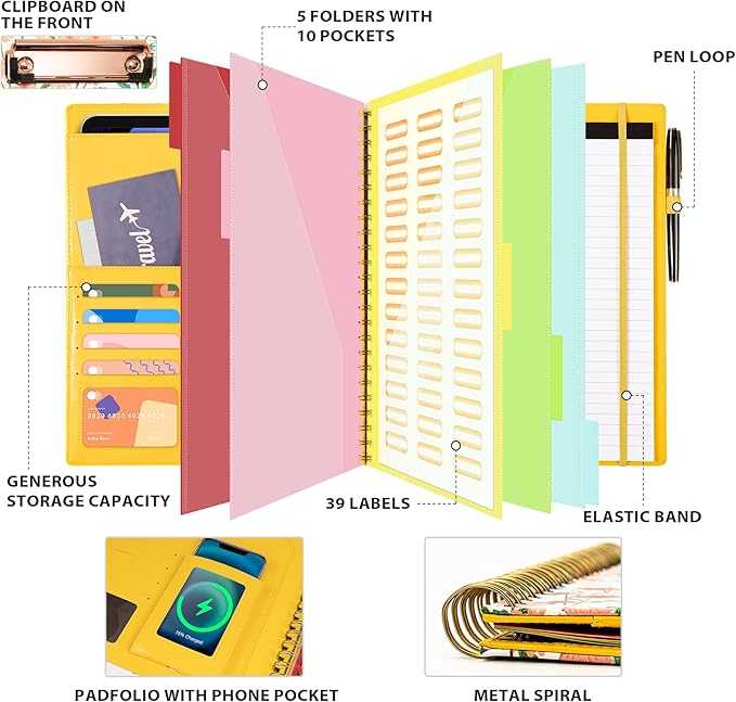 Ospelelf Clipboard with Storage for Men Women, Leather Padfolio Portfolio Organizer 5 Folders with 10 Pockets, Spiral Clipboard Folio with Notepad for Letter Size, Elastic Closure and Pen Loop Floral
