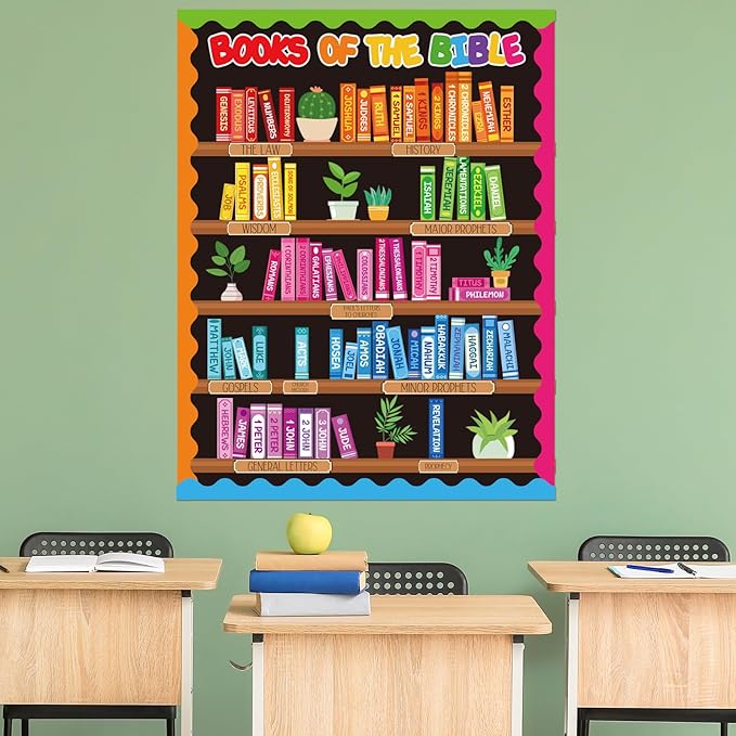 FYSUIMU Bible Learning Bookshelf Bulletin Board Decorations Christian Classroom Decor Back to School Bookshelf Cutouts for Sunday School Classroom Chalkboard Wall Decor