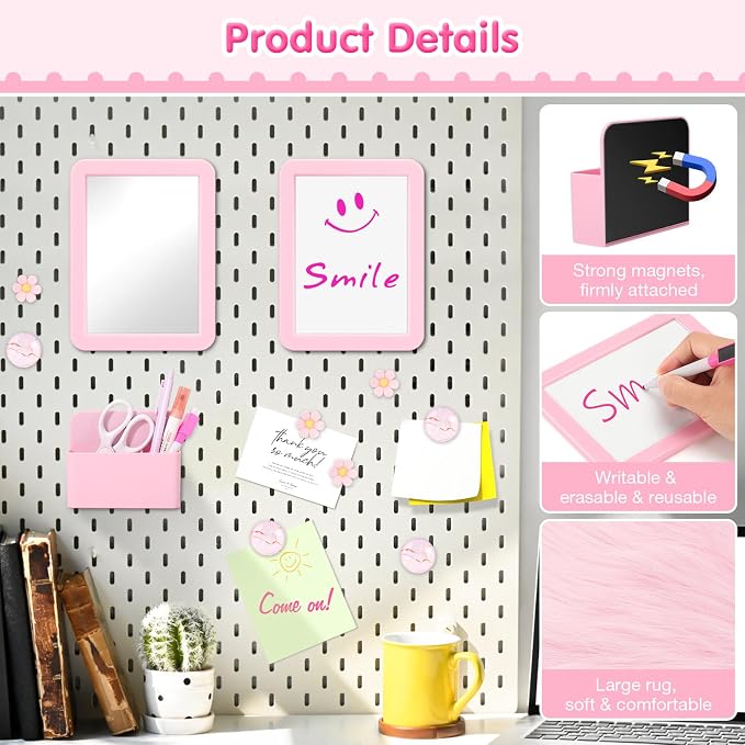MoKo 17 Pcs Pink Locker Accessories for Girls, Cute Locker Accessories Kit with Mesh Shelf, Magnetic Dry Erase Board, Mirror, Marker Holder, Marker, Plush Rug, Magnets, Lockers Decor for School & Work