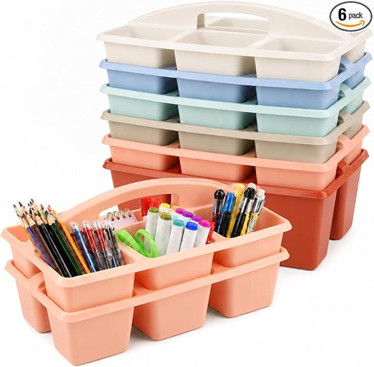 gisgfim 6 Pack Plastic Classroom Caddy with 6-Compartments Plastic Storage Caddies with Handle 6 Compartments Table Caddy Organizer Versatile Table Caddies for Classroom Office Storage, Morandi Color
