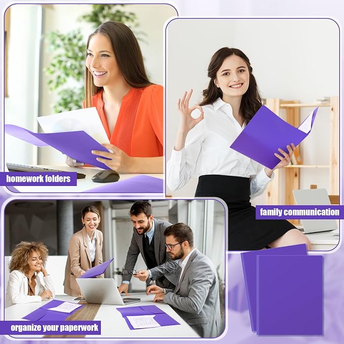Gueevin 72 Pack Plastic Folder with Pockets, 2 Pocket Folders, Plastic Glossy Folders Fit Letter Size Paper, Heavy Duty Durable File Folder with Business Card for Home Office School (Purple)