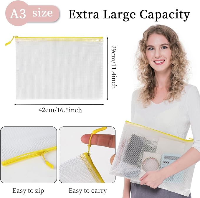 MultiBey 10 Pack 10 Colors Mesh Zipper Pouch Bags, A3-16.5 x 11.4 Inch Extra Large Mesh Document Bags Waterproof Zipper File Pouch Pouch for Office Supples, Puzzles & Games Organizing Storage