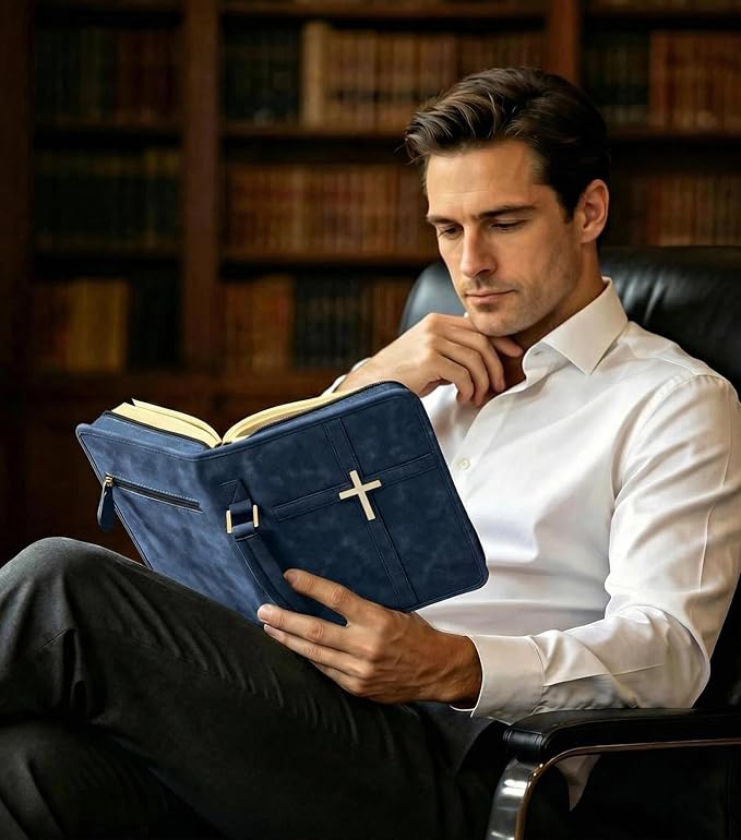 Vegan Leather Bible Cover for Men & Women, Bible Case with Gift Box, Christian Catholic Religious Bible Gifts (Indigo)