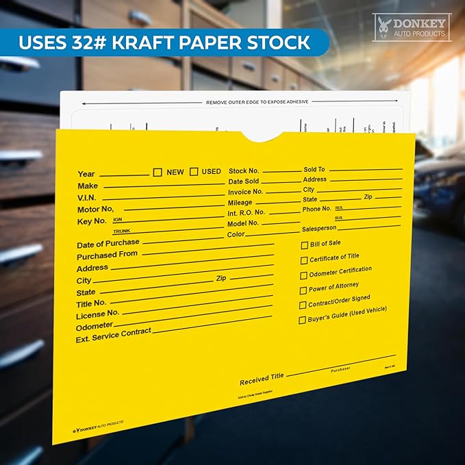 Printed Vehicle Deal Envelopes 9x12 Deal Jackets (100 shrink wrapped) (Yellow)