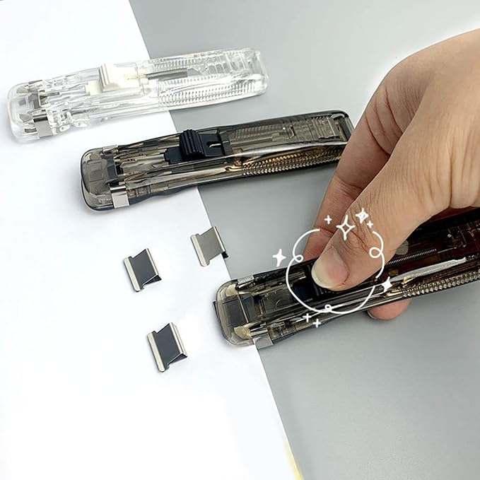 Portable Stapler Book Binding Tool with 50pc Clamps,Multi-Function Paper Fastener for School and Work Organization,Reusable Clip Stapler for Easy Document Organization (Clear)