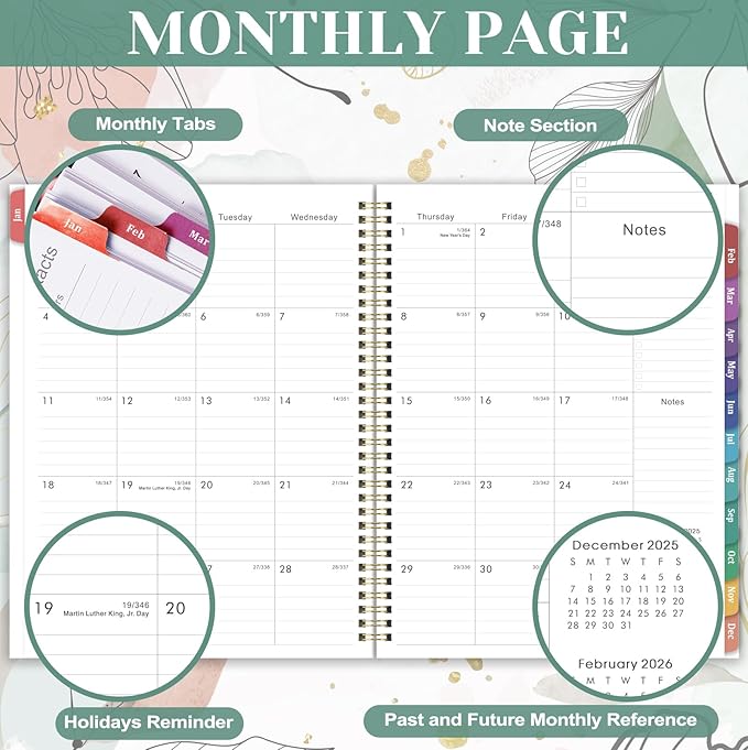 2026 Planner - 2026 Weekly and Monthly Planner, Jan.2026 - Dec.2026, Weekly and Monthly Planner 2026, 9" x 11", Calendar Planner, Colorful Tabs, Back Pocket, Perfect Daily Organizer - Floral