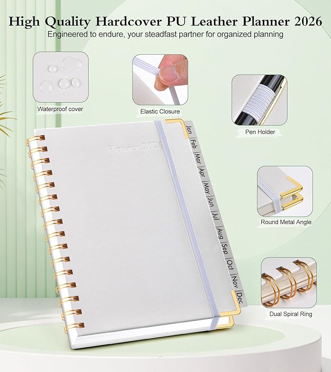 2026 Planner, Hardcover Leather Weekly and Monthly Planner, January 2026 - December 2026, Spiral Yearly Agenda Organizer Book 2026 with Tabs, Daily Calendar Planners for School Work Home, A4 (8.5" x 11"), White