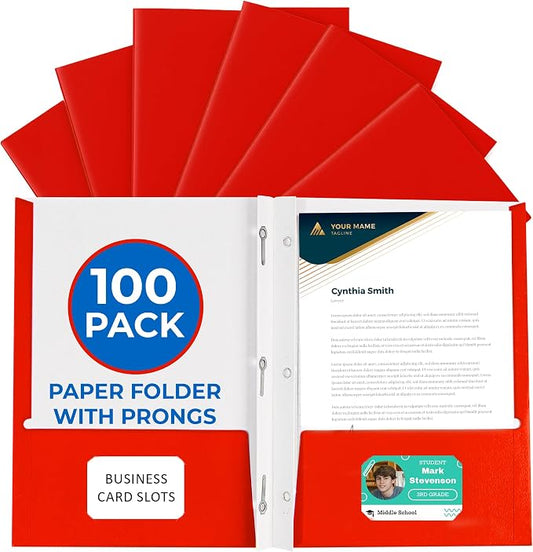 100 Pack Red 2 Pocket Paper Folders. EPI Heavy Duty, Bulk Folders with Pockets, Prongs and Business Card Slots. Letter Size Document Organizers. Durable Portfolio for School, College, Office Files