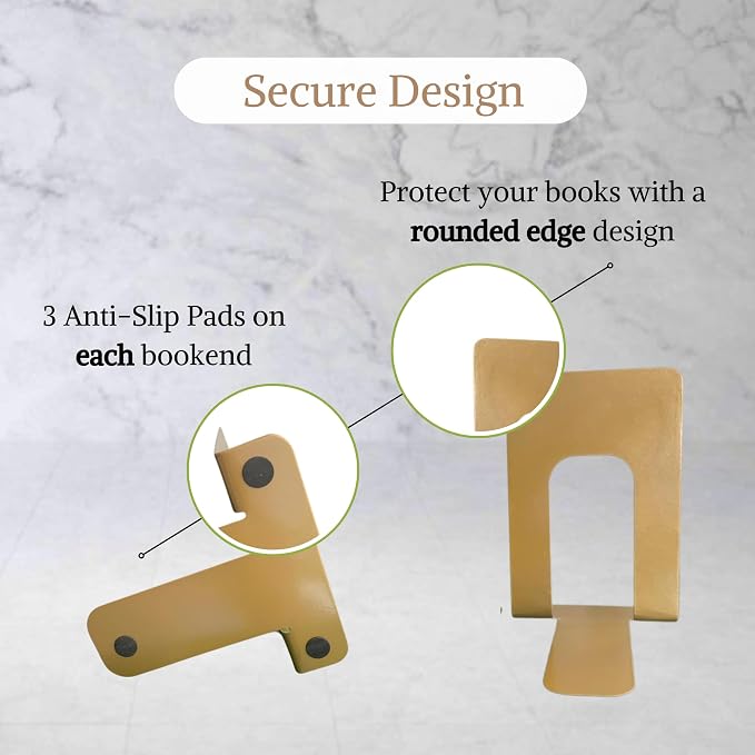 Alessk Dark Matte Gold Metal Bookends for Shelves – Heavy Duty Decorative Bookends for Heavy Books – Modern Book Ends for Office Bookshelf- has 3 Non-Slip Pads at the Bottom – 2Pairs (4 Pieces)