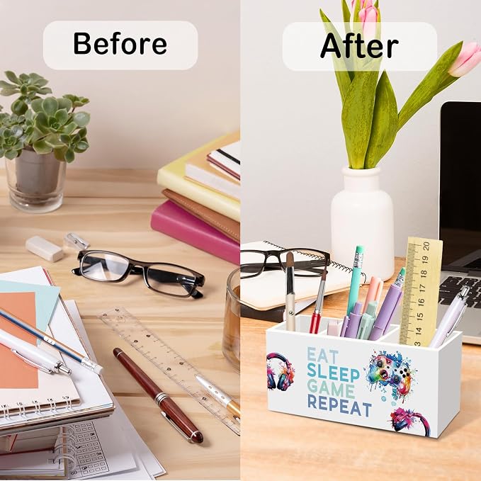 Kids Boys Eat Sleep Game Repeat Pen Pencil Holder for Desk, Video Game Lovers Office Desk Accessories, Boys Kids Gamer Pen Holders Organizer for Classroom Bathroom