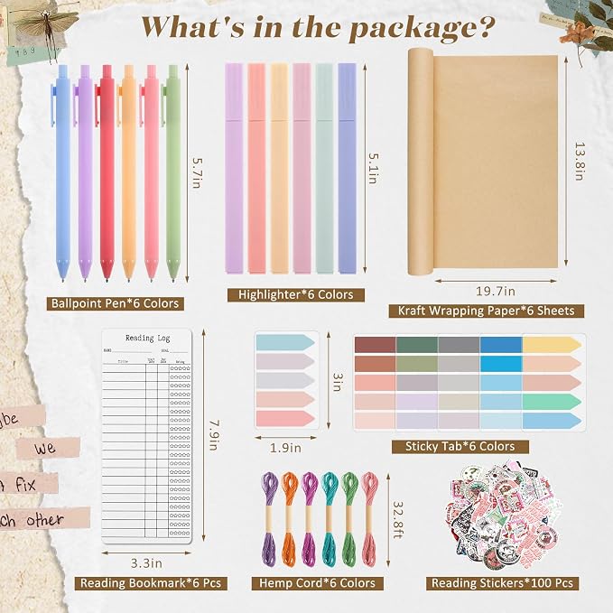 6 Set Blind Date with a Book Gift Box Supplies Includes Romance Book Stickers Kraft Paper Ballpoint Pens Highlighters and More for Bookish Librarian Readers Lovers Club Valentine's Gift