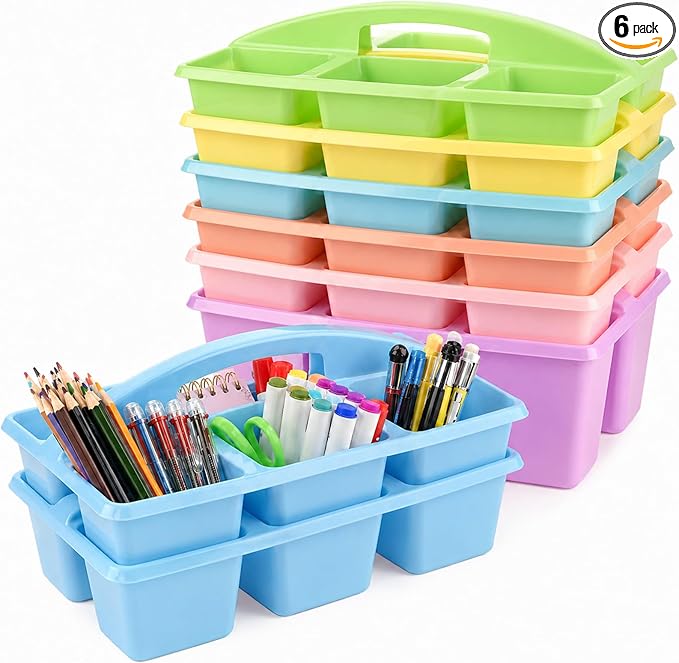 gisgfim 6 Pack Plastic Classroom Caddy with 6-Compartments Plastic Storage Caddies with Handle 6 Compartments Table Caddy Organizer Versatile Table Caddies for Classroom Office Storage, Pastel Color