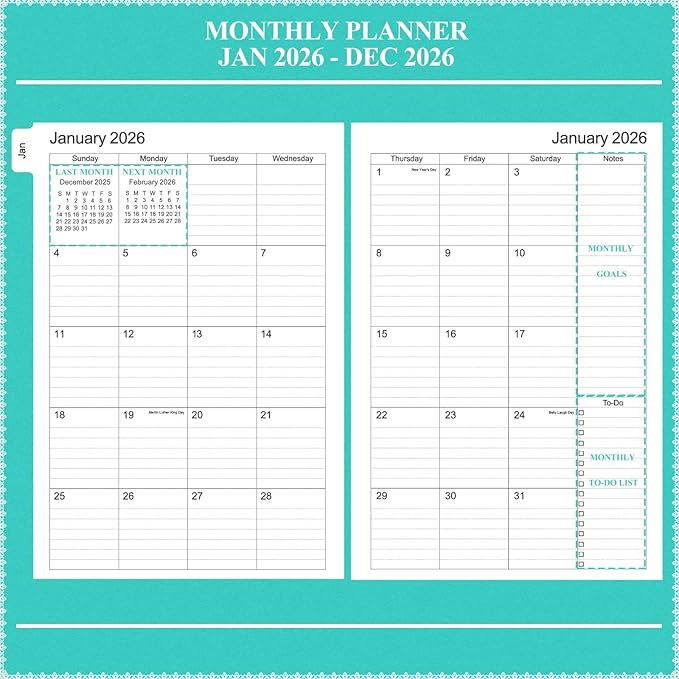 Tiankool Planner 2026, Jan 2026 - Dec 2026 Weekly Monthly Planner with 12 Monthly Tabs and Elastic Closure, Inner Pocket, Round Corner,5.8" x 8.25"- Turquoise