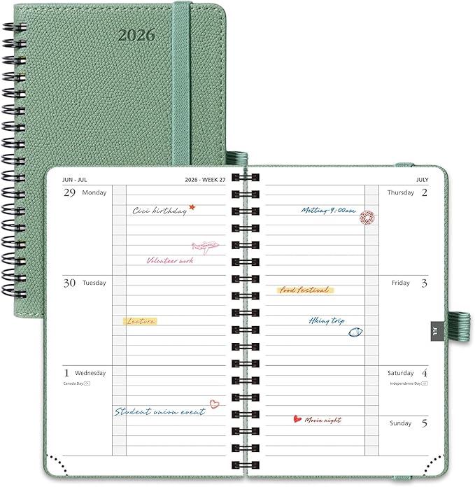 POPRUN Pocket Planner 2026 (Jan-Dec), Small Size-4'' x 6.25'', 12-Month Horizontal Weekly Notebook, 2026 Pocket Calendar Book with Monthly Tabs, Spiral Soft Cover, Inner Pocket, 100 GSM - Midnight Green