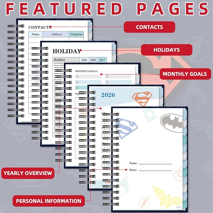 Superman 2026 Planner – Superhero Undated Daily, Weekly & Monthly Planner with Calendar & Holiday Tracker, Monthly Tabs, Habit Tracker, 12 Months Spiral Agenda Book for Office School Gift Supplies