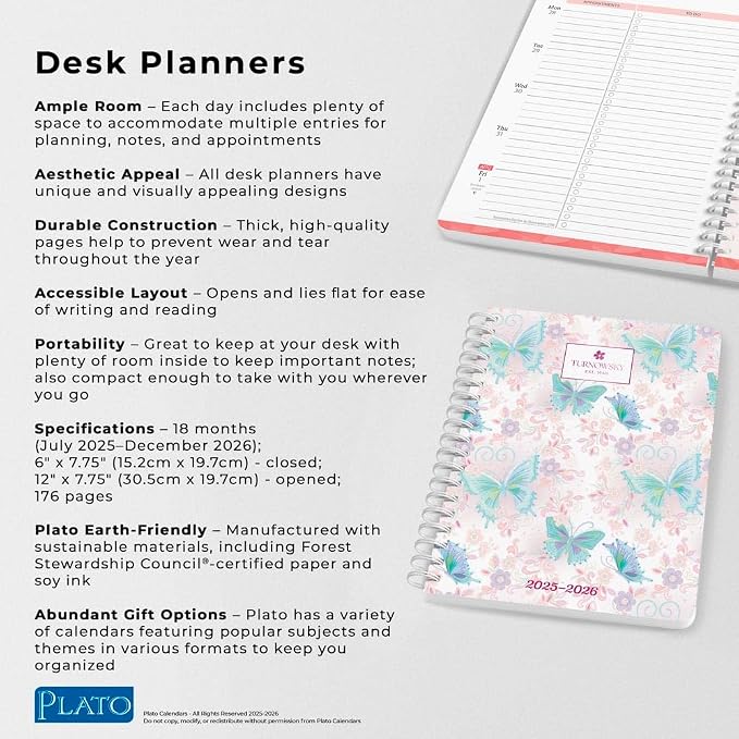 House of Turnowsky | 2026 6 x 7.75 Inch 18 Months Weekly Desk Planner | Foil Stamped Cover | July 2025 - December 2026 | Plato | Planning Stationery
