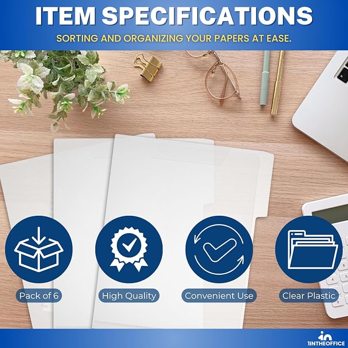 1InTheOffice Clear Plastic Folder Letter Size, Poly File Folder 3 Tab, (6 Pack)