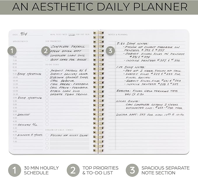 Beautiful Daily Planner And Notebook With Hourly Schedule - Aesthetic Spiral To do List Notepad to Easily Organize Your Tasks And Appointments - Stylish Book And School Or Office Supplies For Women