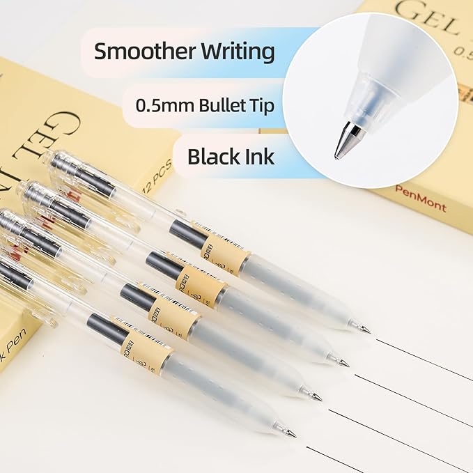 Retractable Gel Rollerball Pens, Japanese Style, Smooth Writing, Comfortable Grip, 0.5mm Fine Point, Black Gel Ink, For Journaling, Writing Pens, 12-Count Pack