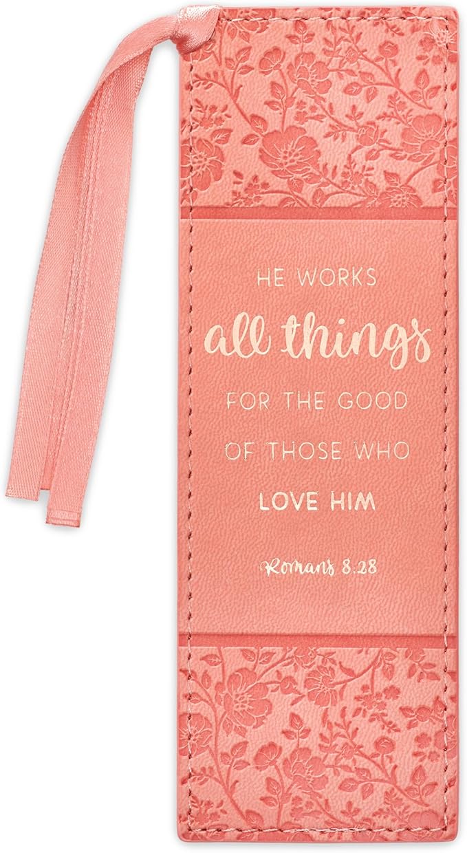 Christian Art Gifts Premium Vegan Leather Scripture Bookmark for Women: He Works All Things - Roman 8:28 Inspirational Bible Verse Heat-Debossed Reading Book Accessory with Ribbon Tassel, Peach Floral